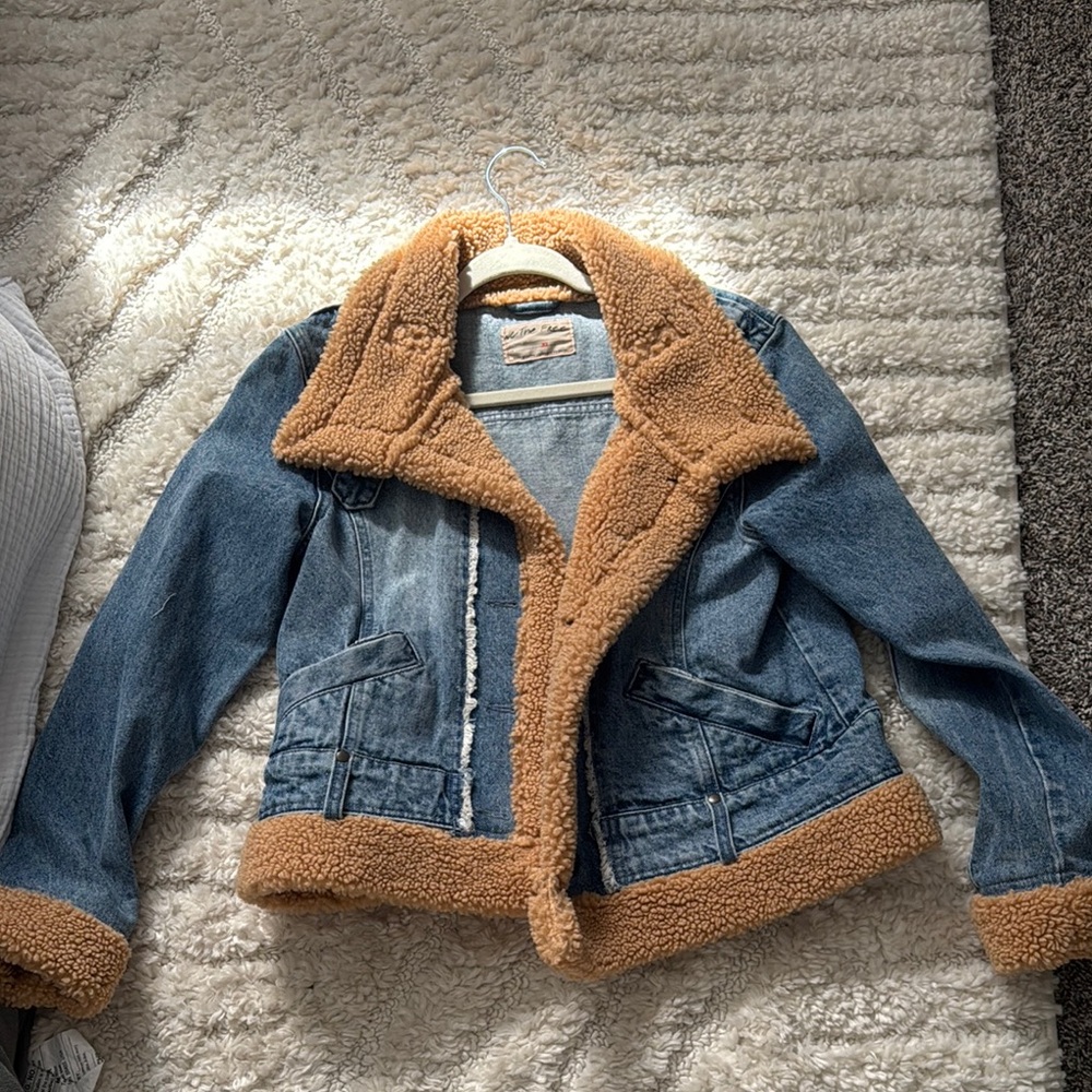 Free People Denim Jacket with Tan Sherpa Trim